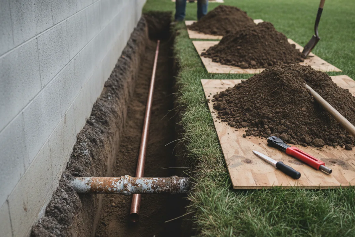 Excavated water line trench during Sewer Line Repair in Salt Point
